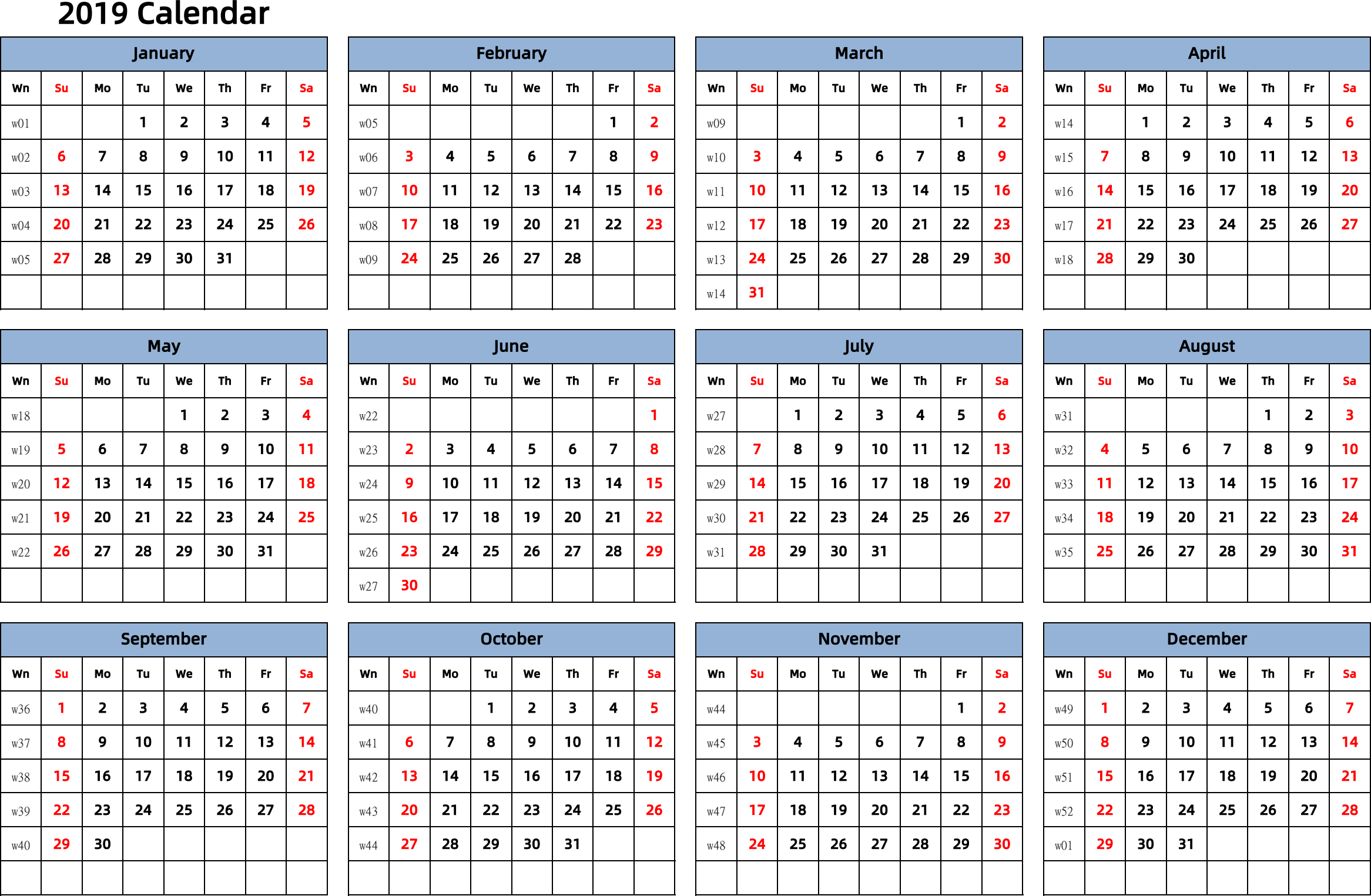 日历表2019年日历 英文版 横向排版 周日开始 带周数